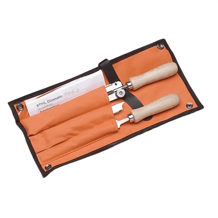 Orange fabric tool roll holding wooden-handled saw and file tools for saw accessories and home improvement