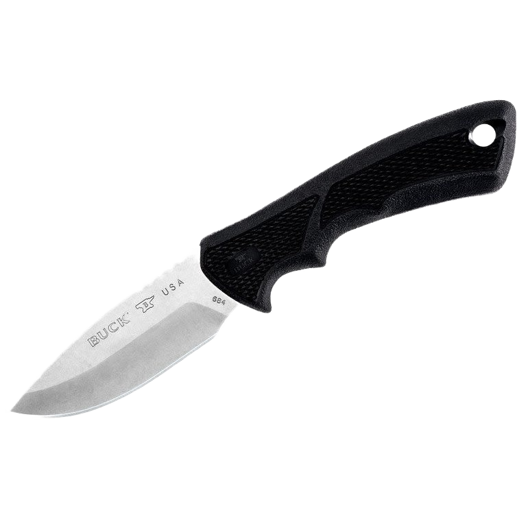 Compact stainless steel outdoor knife with textured black Dynaflex handle for cutting and woodworking tasks under $100 collection