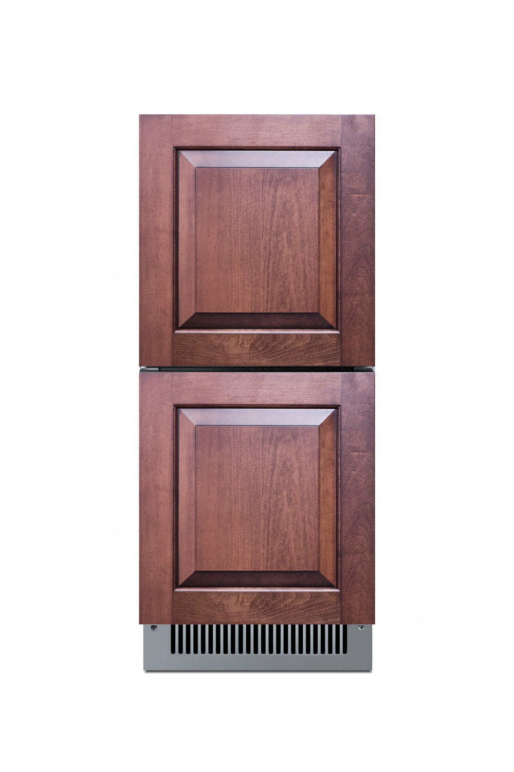 Two-drawer refrigerator with dark wood panel fronts and stainless steel base grille for kitchen appliance integration