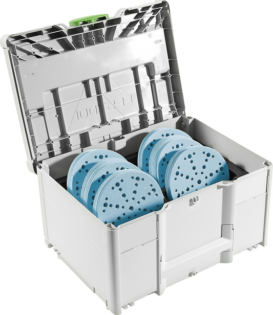 Organized gray Systainer³ case holding multiple blue circular sandpaper discs for sanding and grinding accessories collections