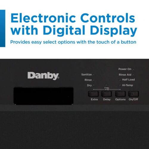 Black dishwasher control panel with digital display and touch buttons for sanitize, rinse, dry, and power in Kitchen & Kitchenware collection