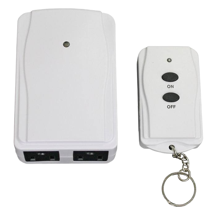 White indoor wireless remote control with two outlets and compact keychain transmitter for convenient home use