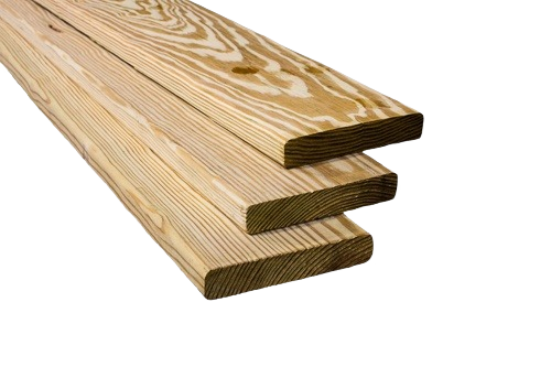 Stacked treated wooden deck boards showing natural grain for lumber and home improvement projects