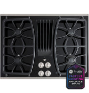 Black built-in gas cooktop with four burners and downdraft ventilation, part of kitchen and appliance collection