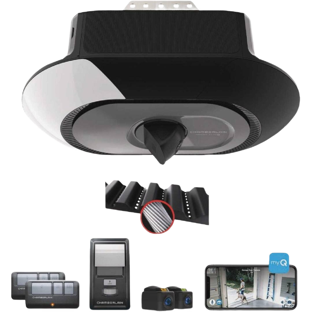 Black and white Wi-Fi garage door opener with camera and remote controls for home improvement use