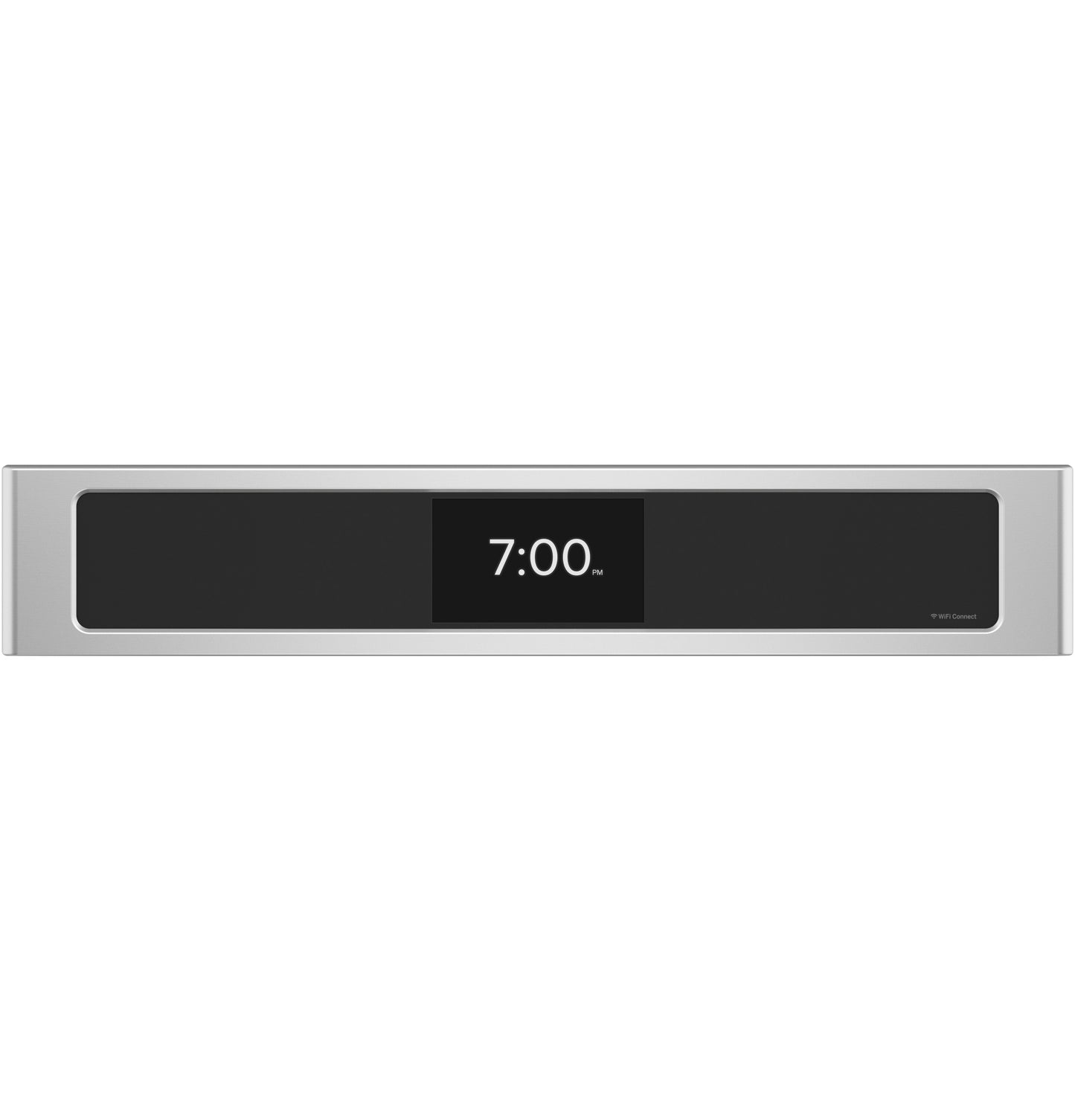 Digital clock display set to 7:00 PM on stainless steel control panel of modern double wall oven appliance