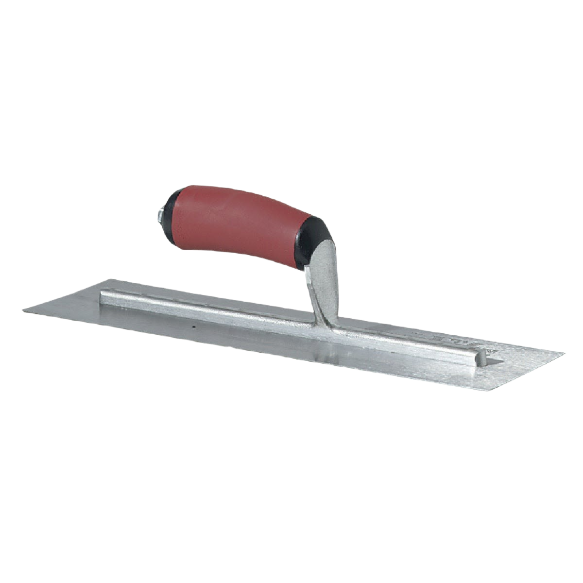 Finishing trowel with red cushioned handle and high carbon steel blade for smooth concrete finishing in home improvement tasks