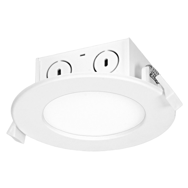 White 4-inch round LED recessed downlight with edge-lit panel for home lighting and electrical projects