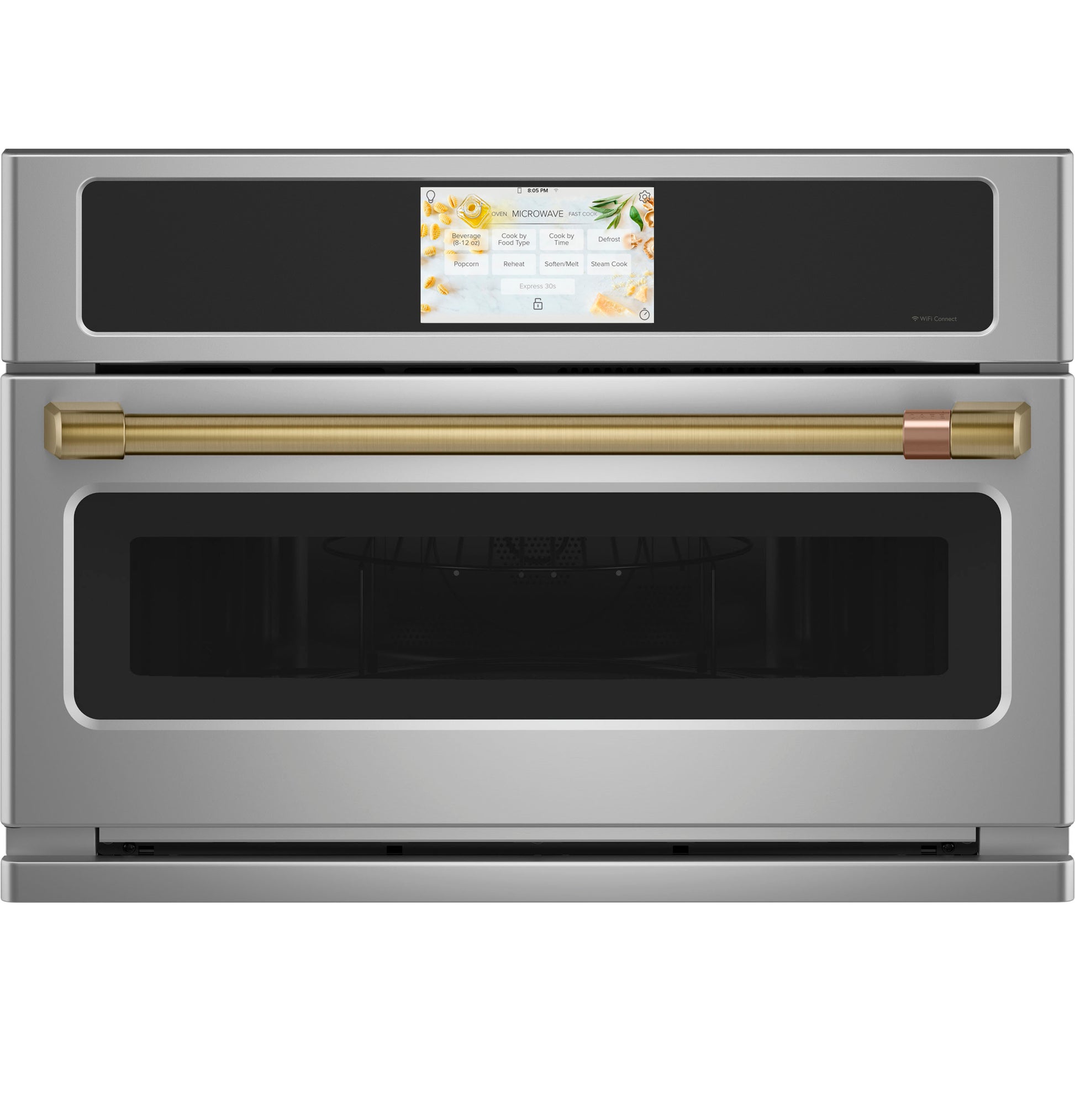 Built-in microwave and convection oven with stainless steel finish and brass-accented handle in kitchen appliances collection