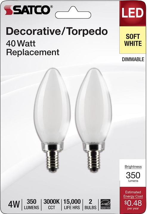 Satco 4 watt frosted LED decorative bulbs with candelabra base, soft white light, dimmable, energy-efficient under $50 collections
