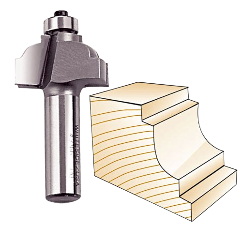 Carbide-tipped router bit with bearing for creating classical cove profiles on trim and molding in woodworking tools collection