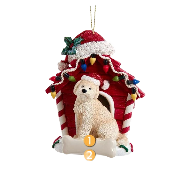 Christmas ornament of a Goldendoodle dog wearing a Santa hat by a decorated red dog house for holiday tree decor