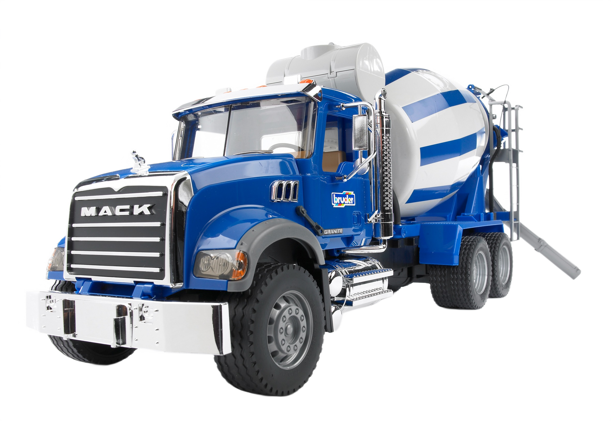 Blue and white 1:16 scale Mack Granite cement mixer truck model with rotating drum for realistic construction play