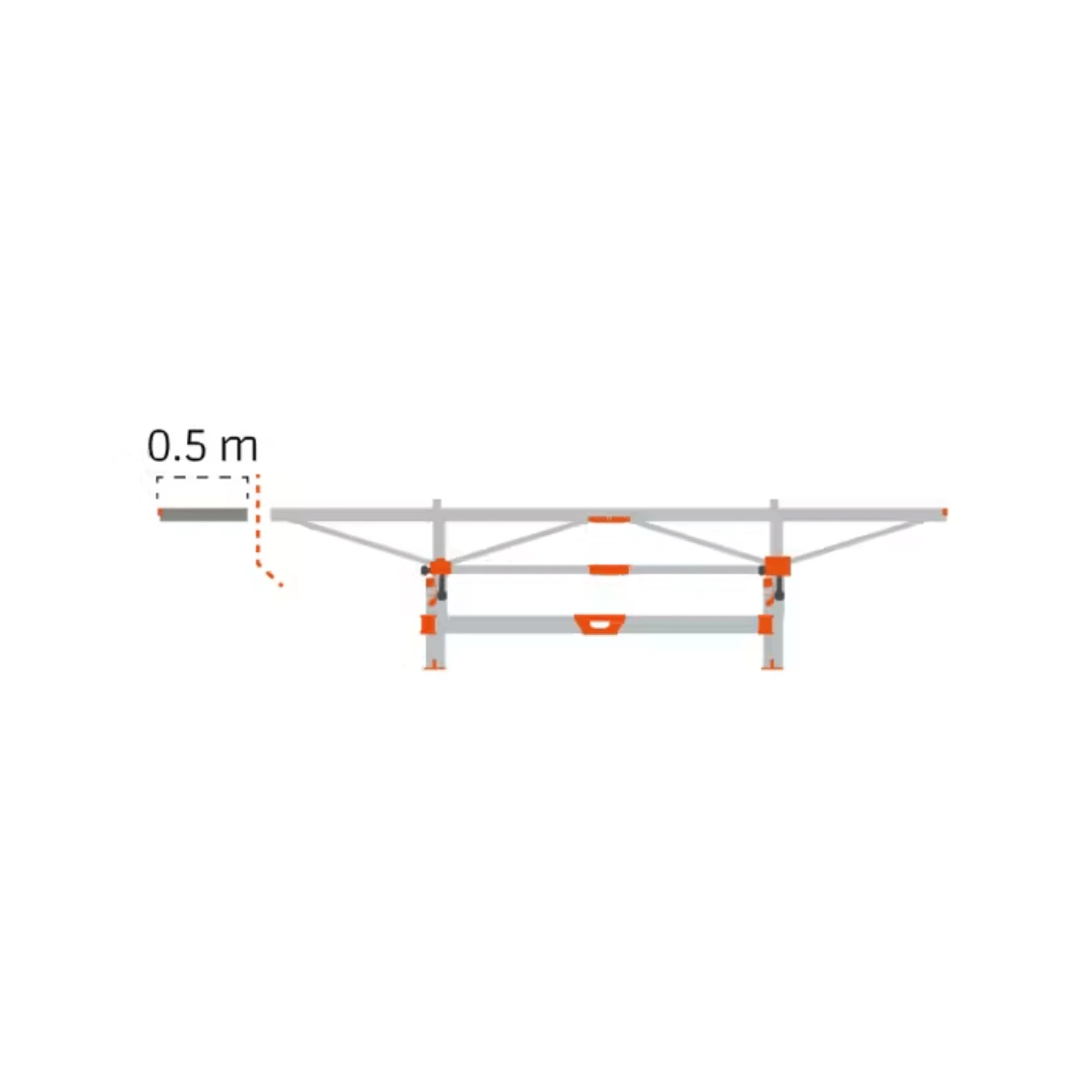 Side view illustration of an adjustable metal extension frame with orange connectors for home improvement tools