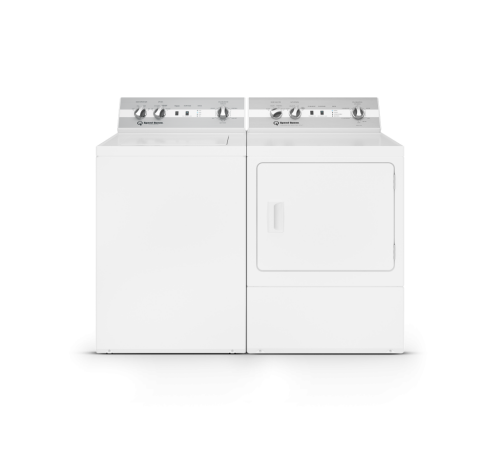 White top load washing machine and matching electric dryer with mechanical controls in Washers & Dryers collection