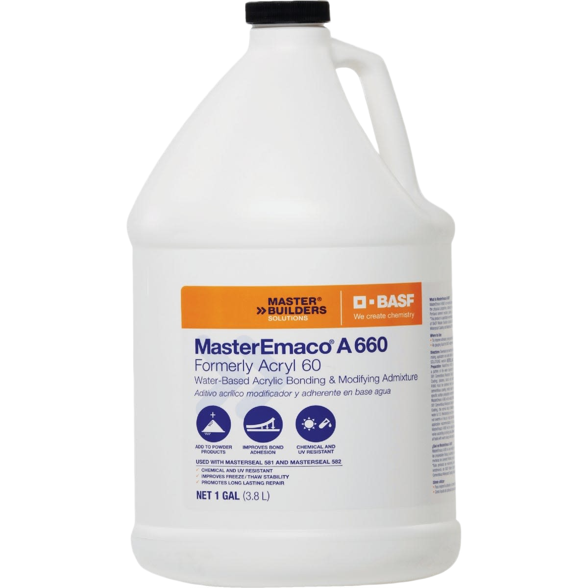White gallon container of water-based acrylic bonding agent for concrete repair in home improvement supplies collection