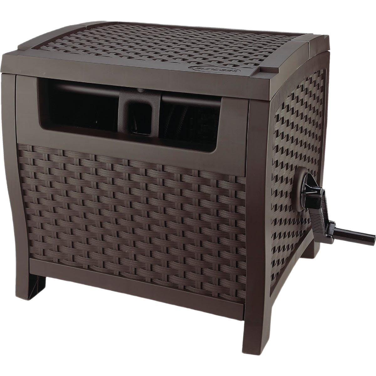 Brown resin hose reel with wicker design and crank handle for lawn and garden watering storage solutions under $100