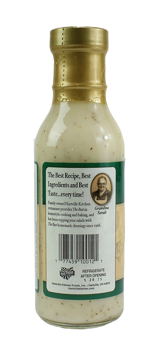 Bottle of Hartville Kitchen Lite Sweet & Sour dressing with gold cap and printed label featuring product information and barcode