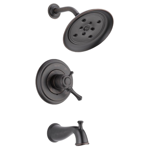 Venetian bronze tub and shower trim with adjustable handle and water-efficient H2Okinetic showerhead in bathroom faucets collection