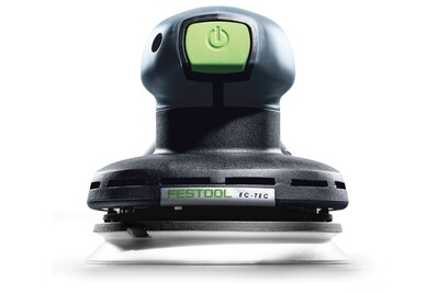 Close-up of a Festool random orbit sander with ergonomic power button for efficient home improvement tasks.