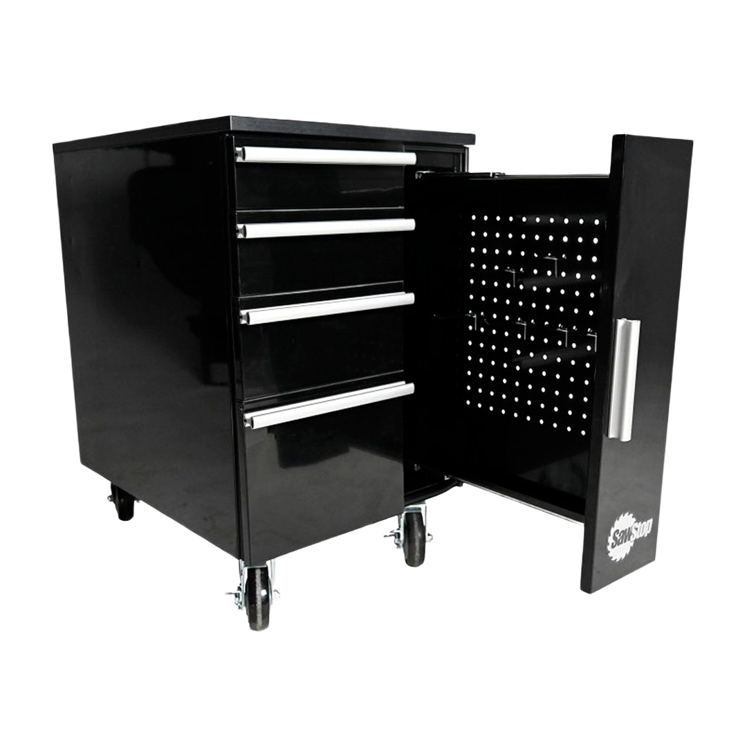 Black under-table storage cabinet with four drawers and pegboard door for woodworking tools and workshop organization
