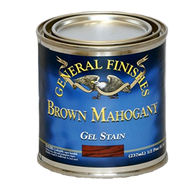 Quart can of General Finishes brown mahogany gel stain for wood finishing in paints and sealers collection