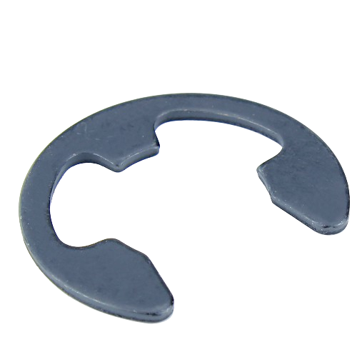Dark metal external snap ring with open-ended design for securing shafts in home improvement tools and machinery