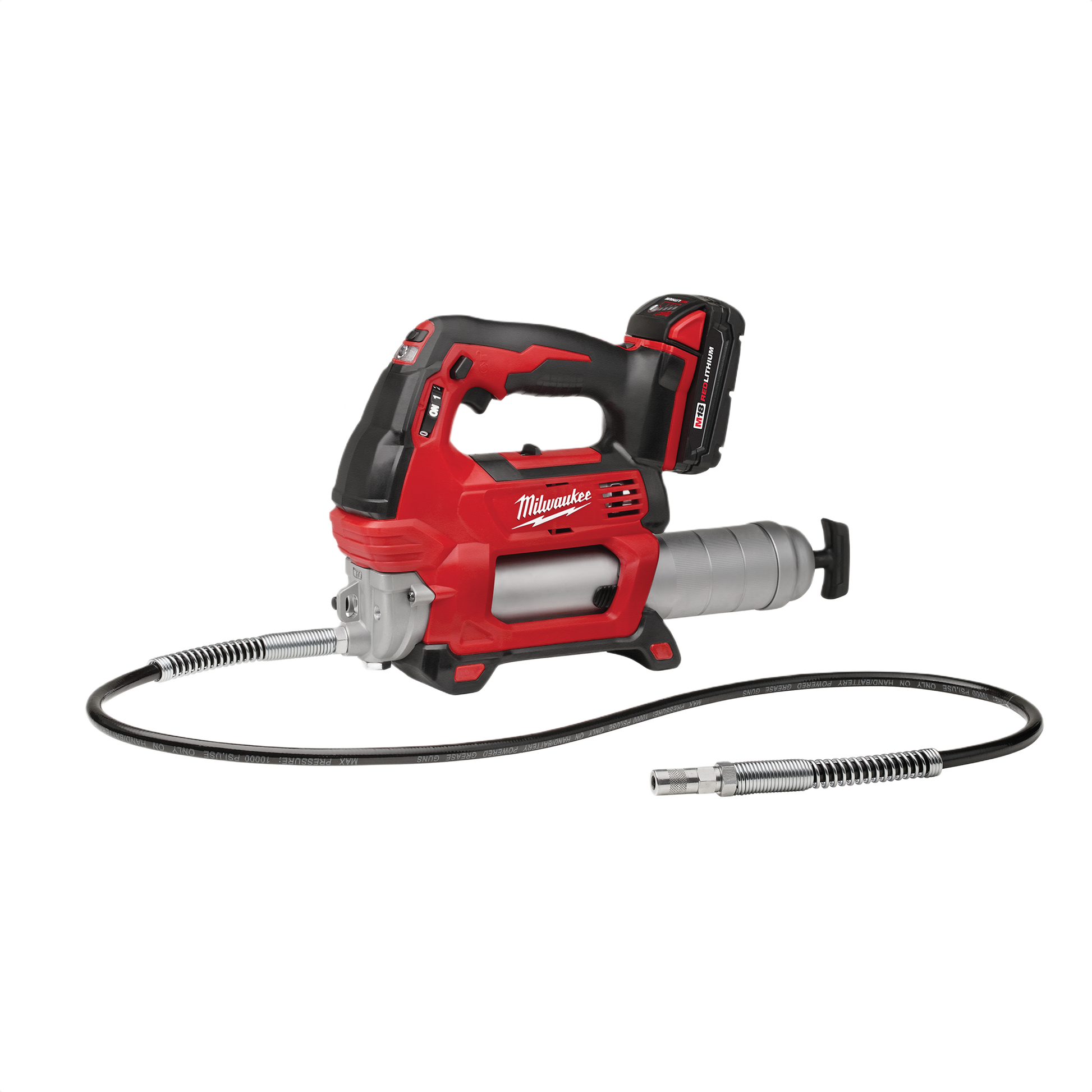 Red and black cordless grease gun with flexible hose and 2-speed control for efficient lubrication in tools and home improvement