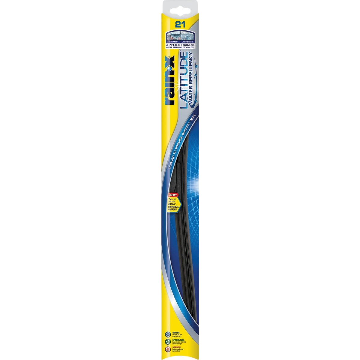 Water-repellent windshield wiper blade in yellow and blue packaging for automotive and home improvement tools use