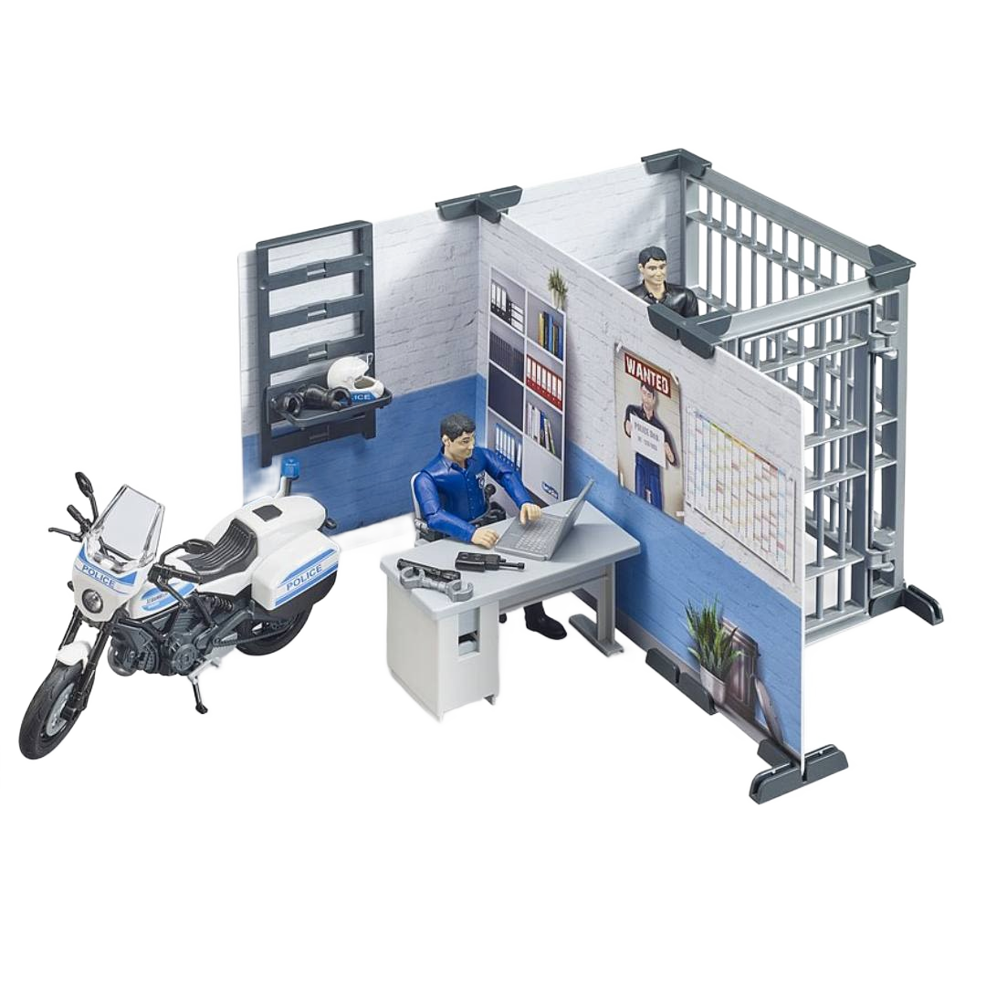 Miniature police station playset with desk, officer figure, motorcycle, and jail cell for imaginative play