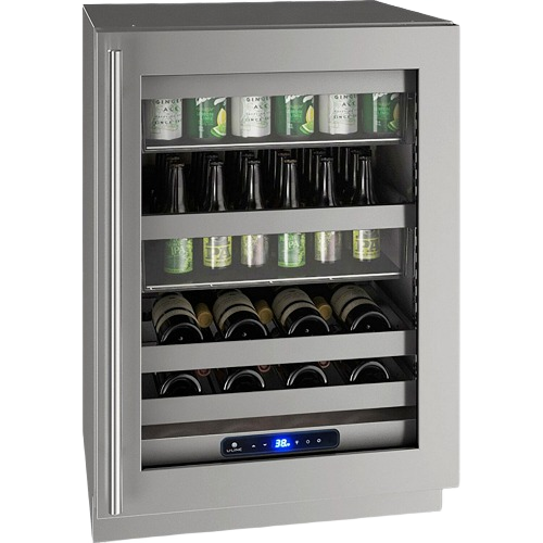 Stainless steel beverage center with glass door, multiple shelves holding cans and wine bottles in Kitchen & Appliances collections