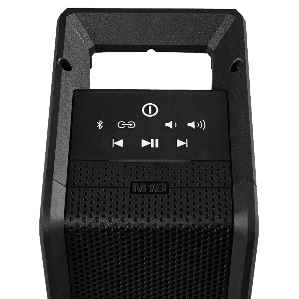 Black Milwaukee M18 Bluetooth speaker with rugged handle and control buttons for tools and home improvement use