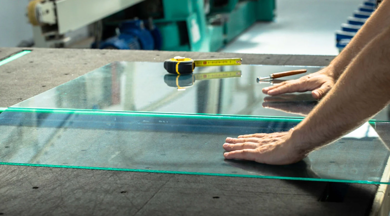 Worker positioning a large rectangular piece of clear glass on a flat surface with measuring tape and glass cutter nearby in a workshop setting.