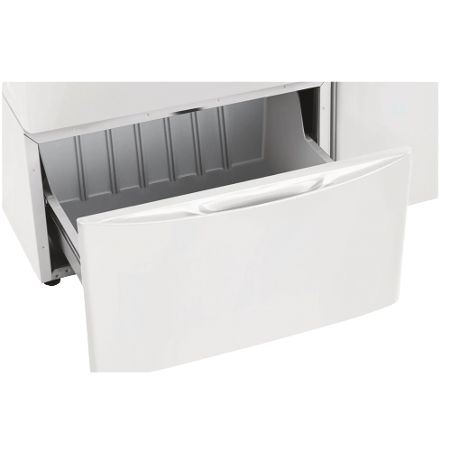 White laundry pedestal with open spacious storage drawer designed for organizing appliance parts and accessories