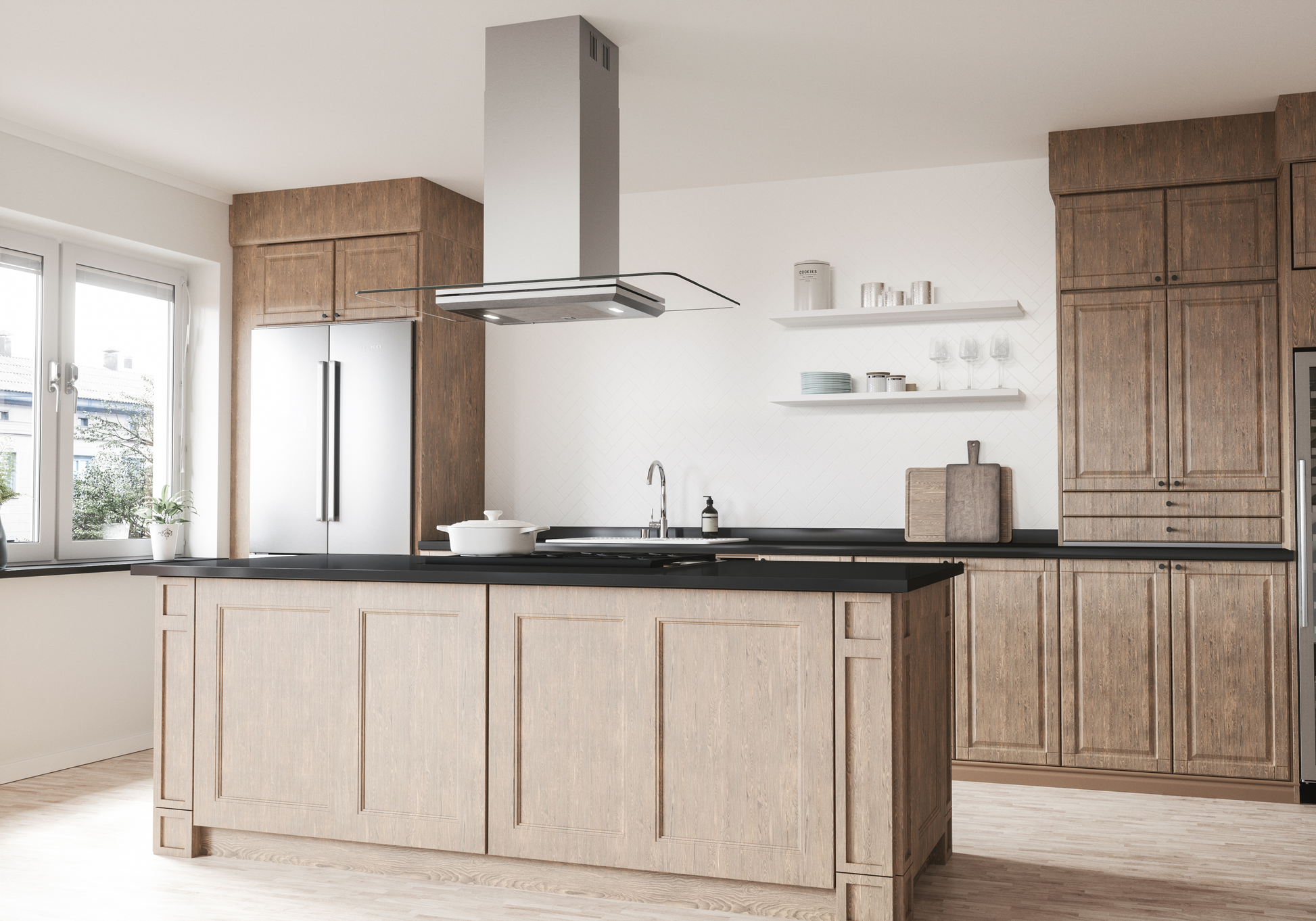 42-inch stainless steel island range hood with straight glass canopy and LED ambiance lights from Island Range Hoods collection