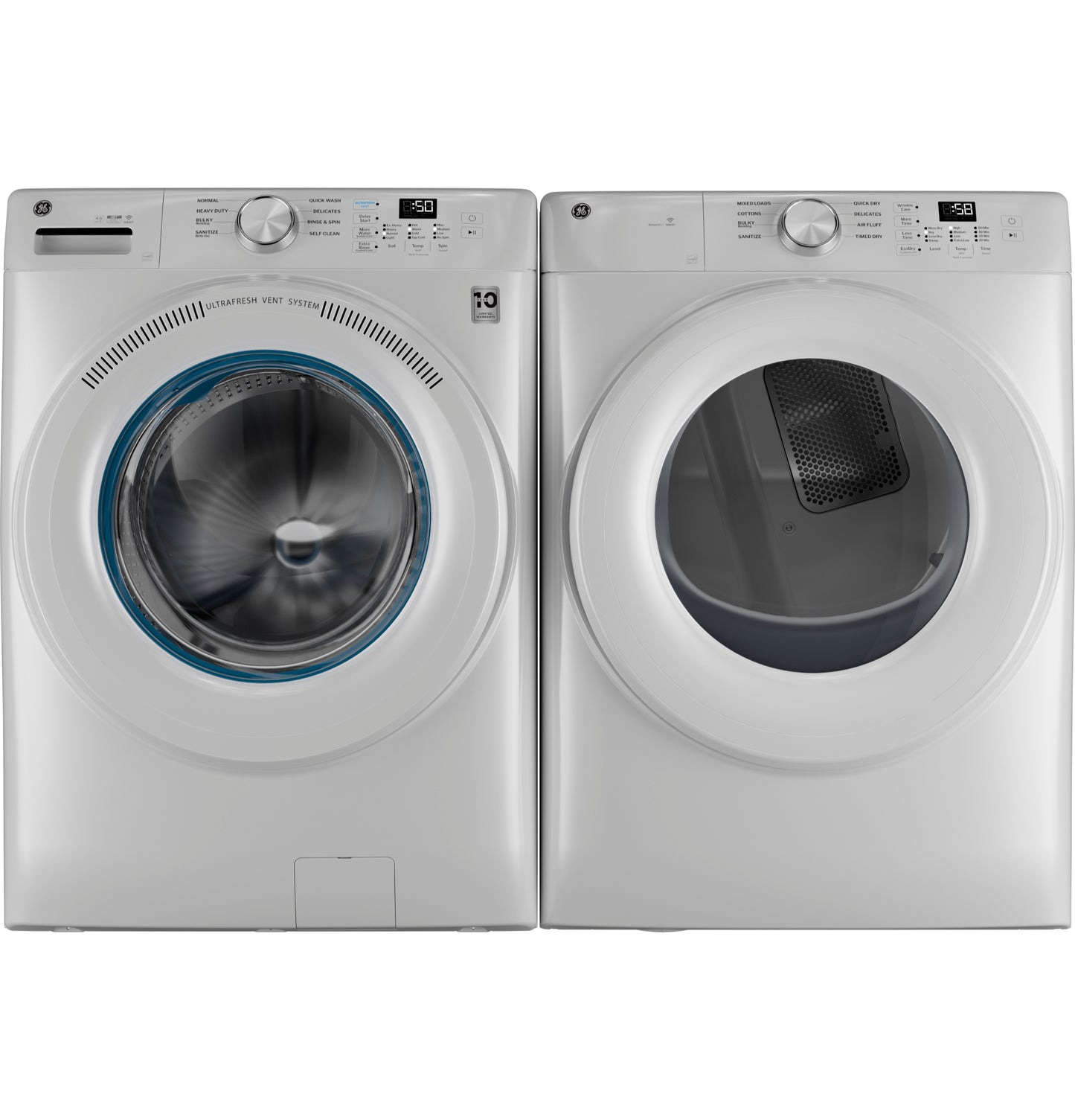 Front load washer and GE smart gas dryer side by side in white for modern laundry appliances collection