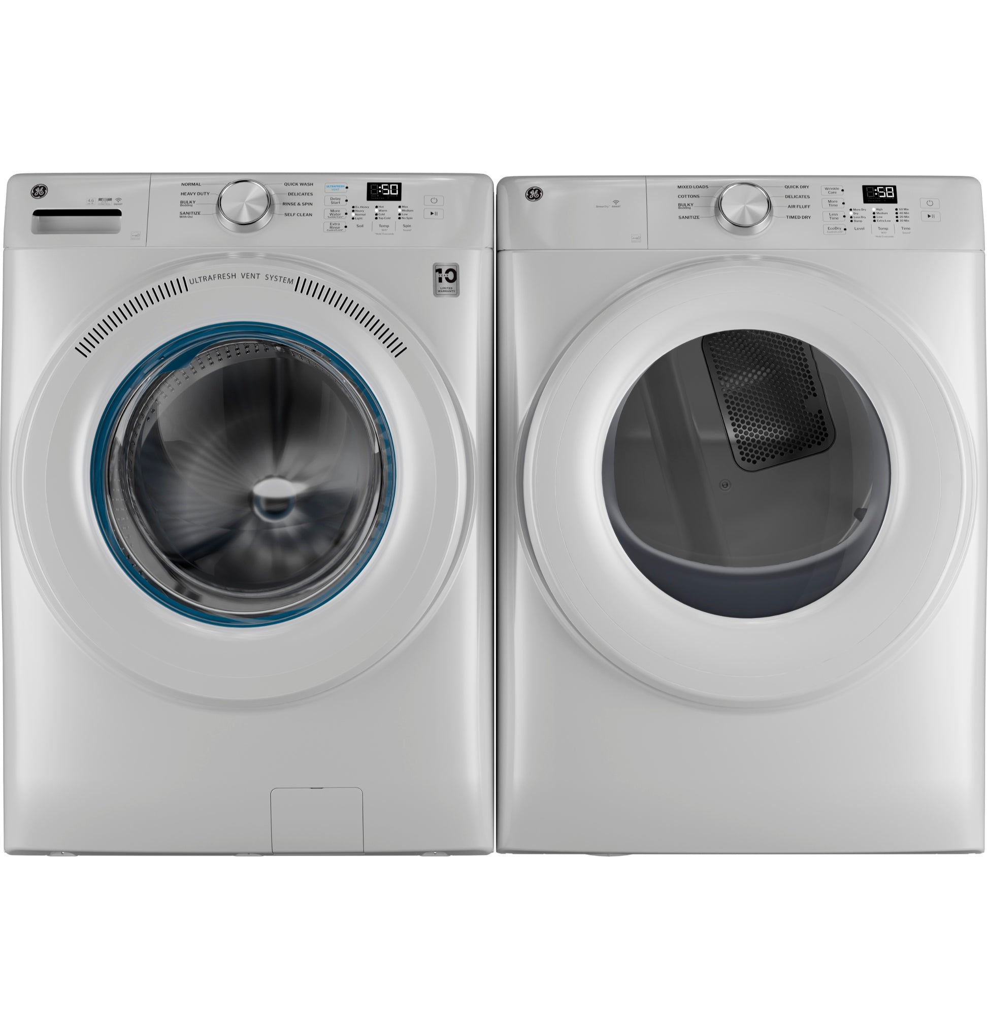 Front load washer and GE smart gas dryer side by side in white for modern laundry appliances collection
