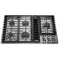 36-inch gas cooktop with five burners, downdraft ventilation, and black continuous cast iron grates from KitchenAid appliances