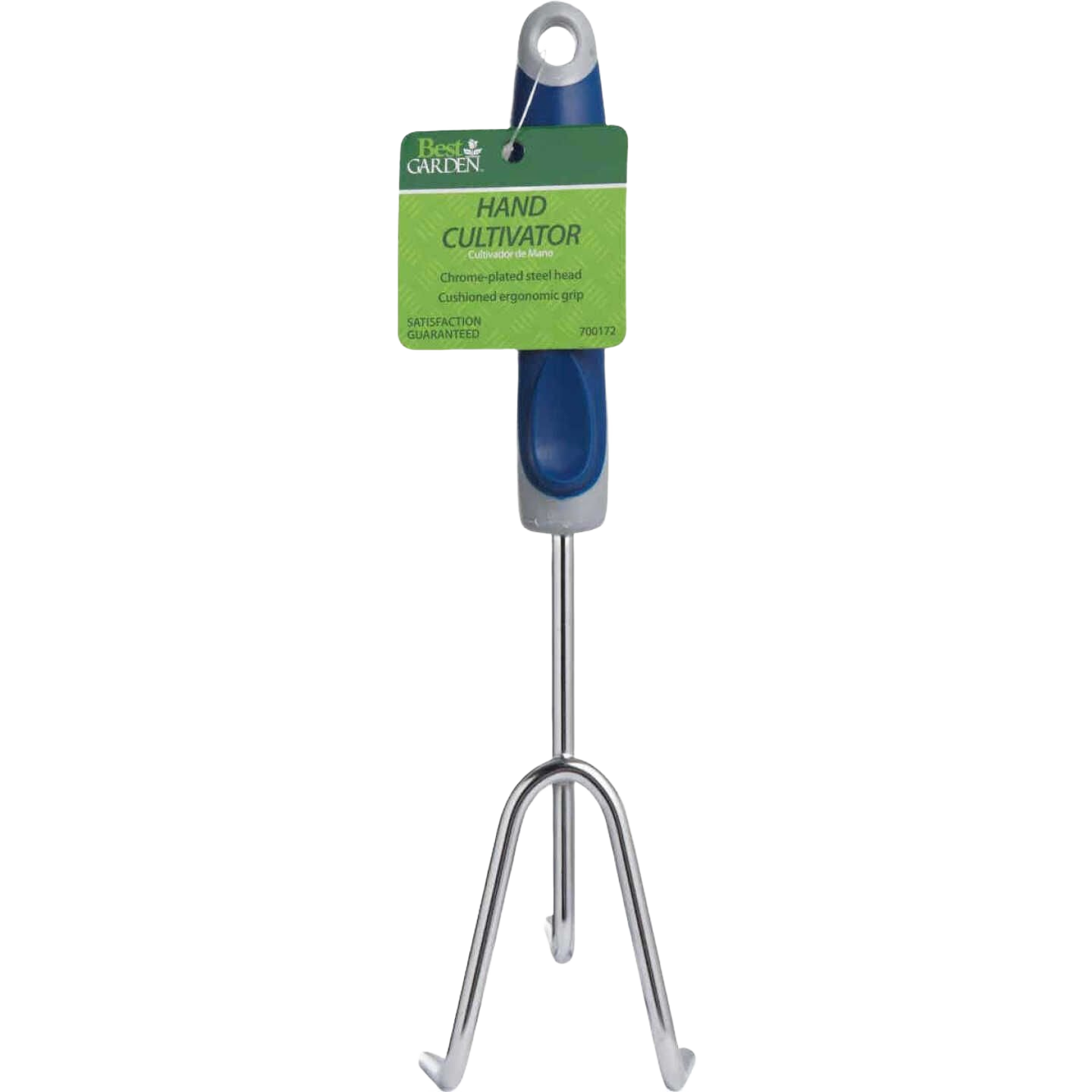 12-inch chrome-plated hand cultivator with blue cushioned ergonomic handle for gardening and outdoor tool tasks
