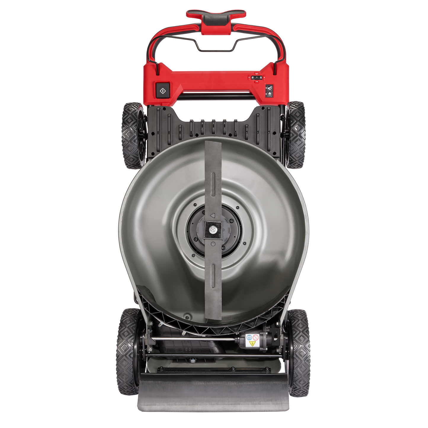 Top-down view of red self-propelled mower deck with 21-inch steel blade in Milwaukee tools under $100 collection