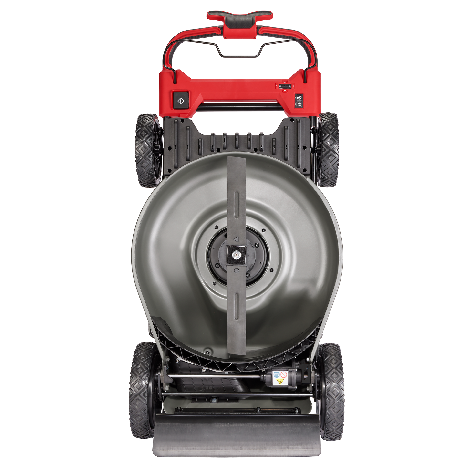 Top-down view of red self-propelled mower deck with 21-inch steel blade in Milwaukee tools under $100 collection
