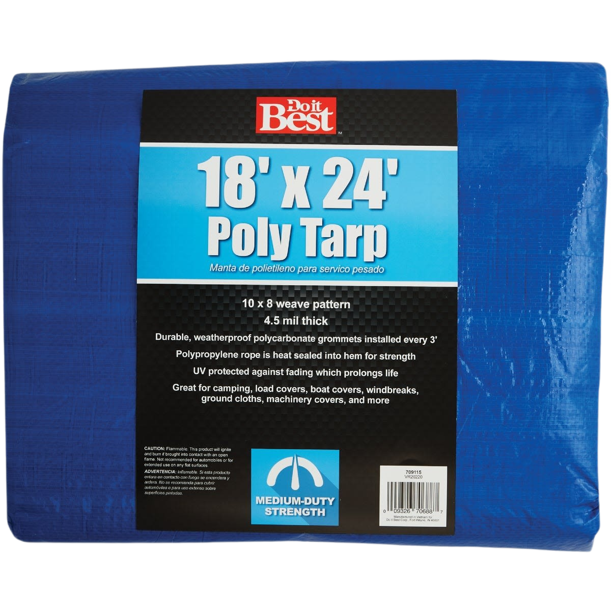 Blue medium-duty polyethylene tarp with reinforced grommets suitable for camping and home improvement use