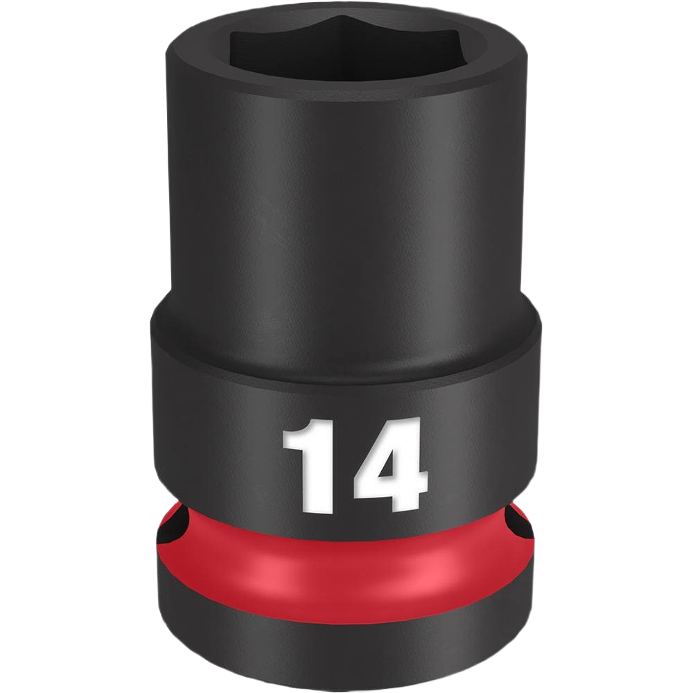 Black 14-mm impact socket with 6-point design, part of Milwaukee hand tools for home improvement projects