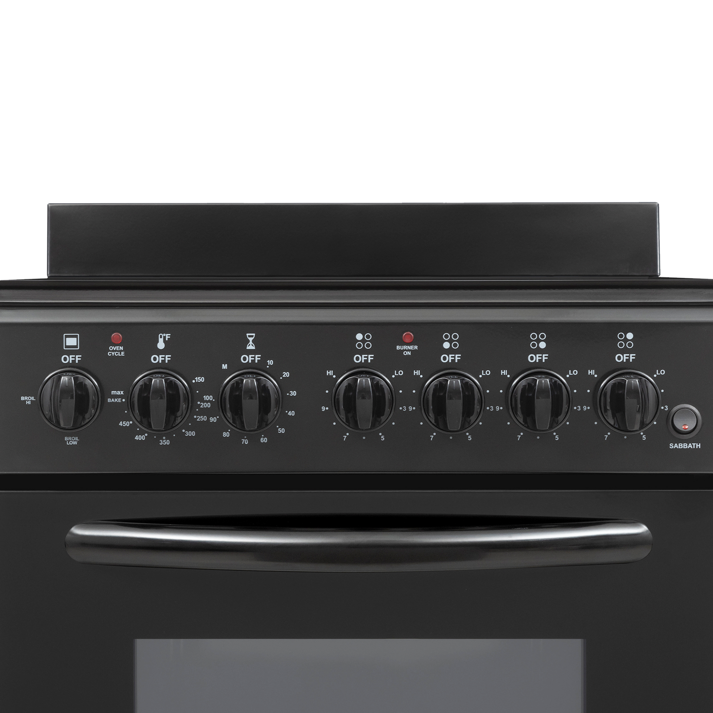 Close-up of black electric range control panel with multiple knobs and digital indicators for oven and cooktop settings