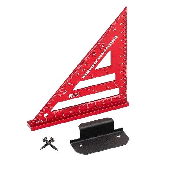 Red anodized aluminum measuring square with engraved markings and mounting bracket for precise woodworking and home improvement tasks