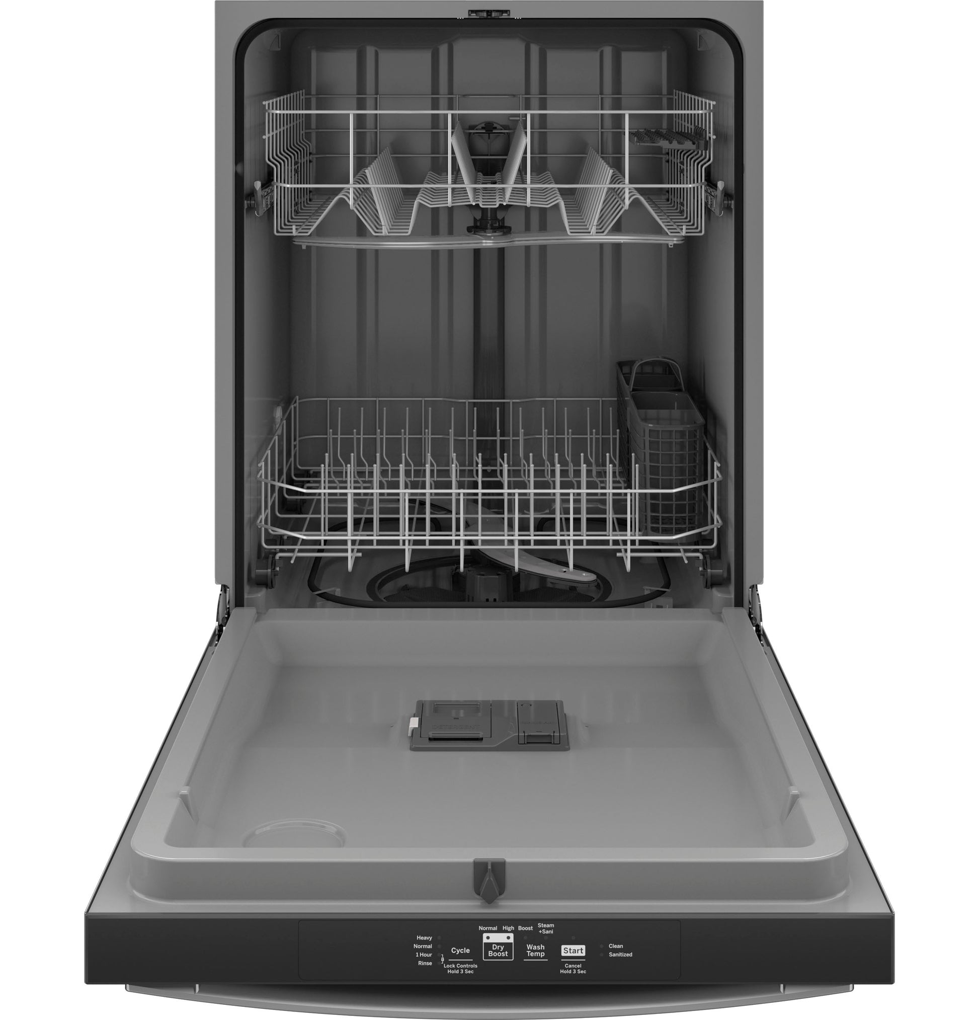 Open dishwasher with plastic interior showing upper and lower racks and control panel in appliances collection