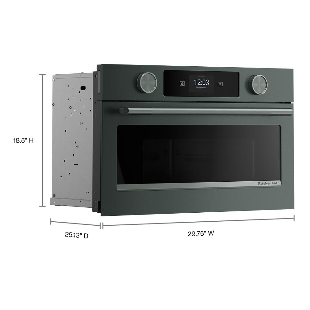 Built-in dark gray microwave oven with air fry, digital clock display, two control knobs, and stainless steel handle from KitchenAid