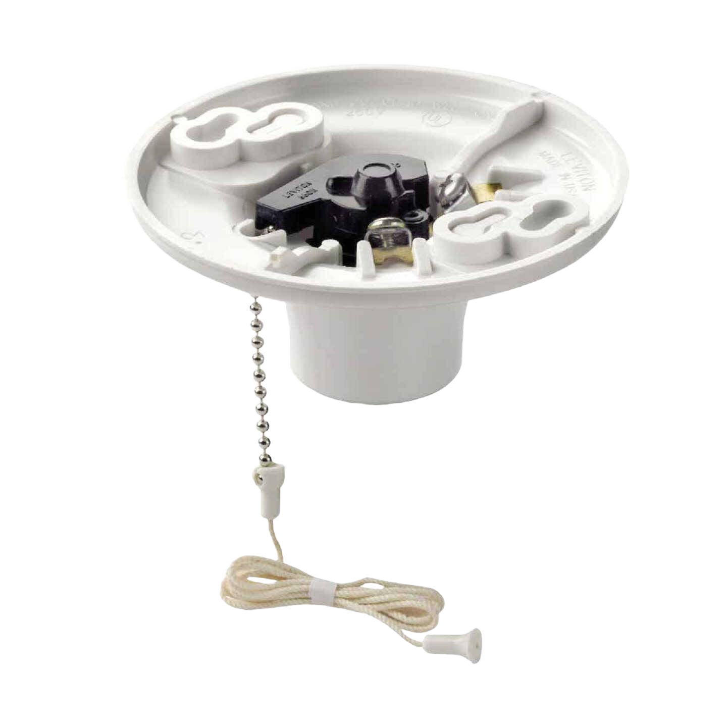 White plastic incandescent lampholder with pull chain, compatible with standard outlet boxes for lighting and electrical use