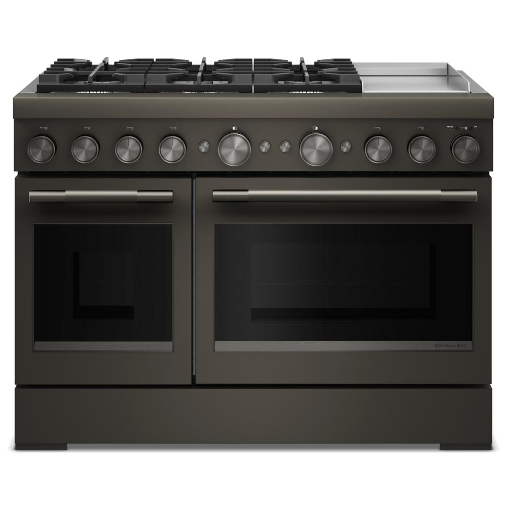 48-inch commercial-style dual fuel range with six gas burners, griddle, and electric double ovens in KitchenAid collection