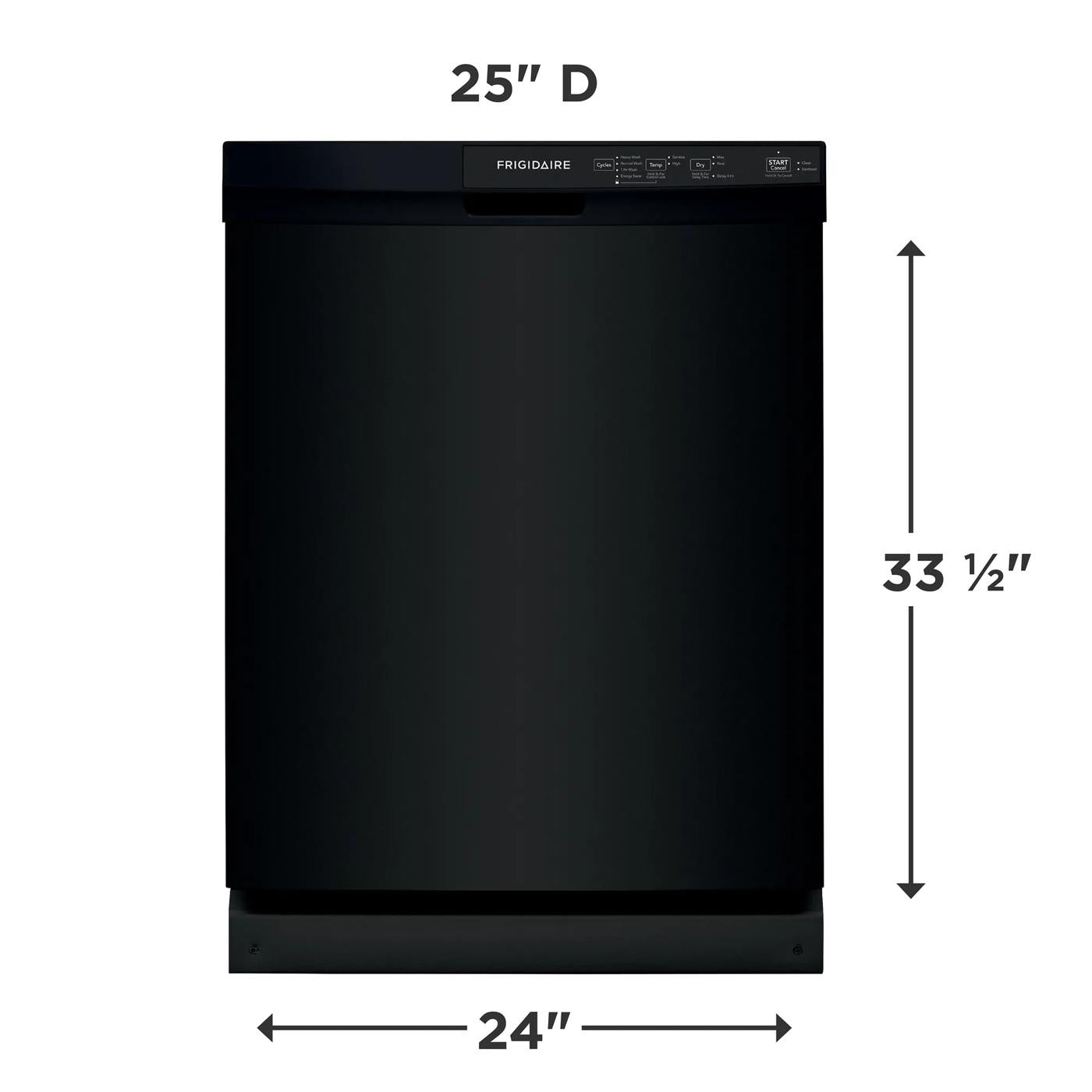 Black built-in dishwasher with digital control panel and compact dimensions for kitchen appliances and home improvement.